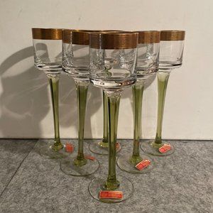 6 Vintage Poschinger Gold Rimmed with Green Stem Cocktail Glasses   #1137